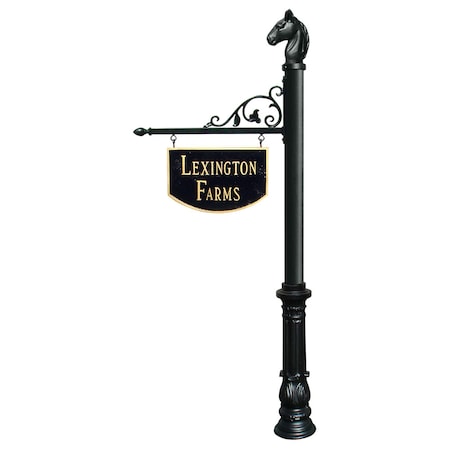 Qualarc Large Hanging Ranch Sign w/post, dec. Ornate base, Horsehead finial SNPST-701-BL